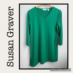 Susan Graver Green Asymmetrical V-Neck 3/4 Sleeve Tunic Size XS